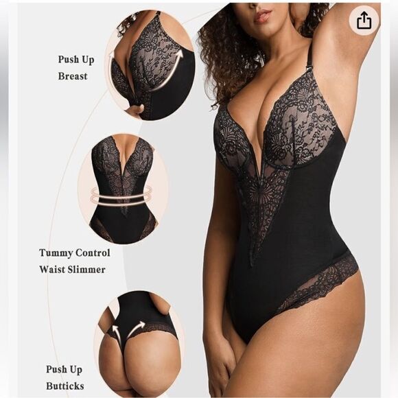 Popilush Lace Shapewear Bodysuit Tummy Control Backless V Neck Thongs Sh… - Picture 5 of 15